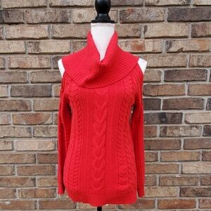 Crown & Ivy Cold Shoulder Cable Knit Cowl Neck Swe
